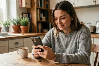 Femme consultant le mot du jour Codycross sur son smartphone le matin autour d'un café