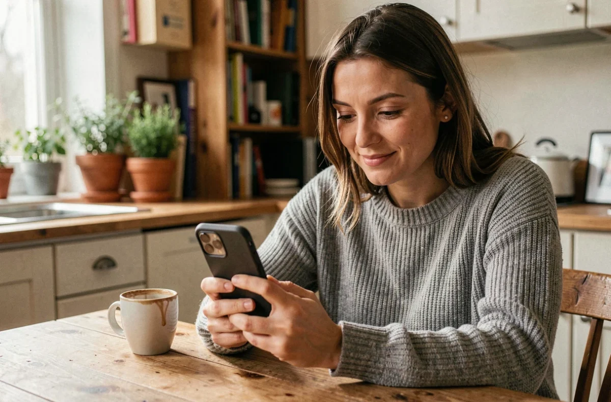 Femme consultant le mot du jour Codycross sur son smartphone le matin autour d'un café