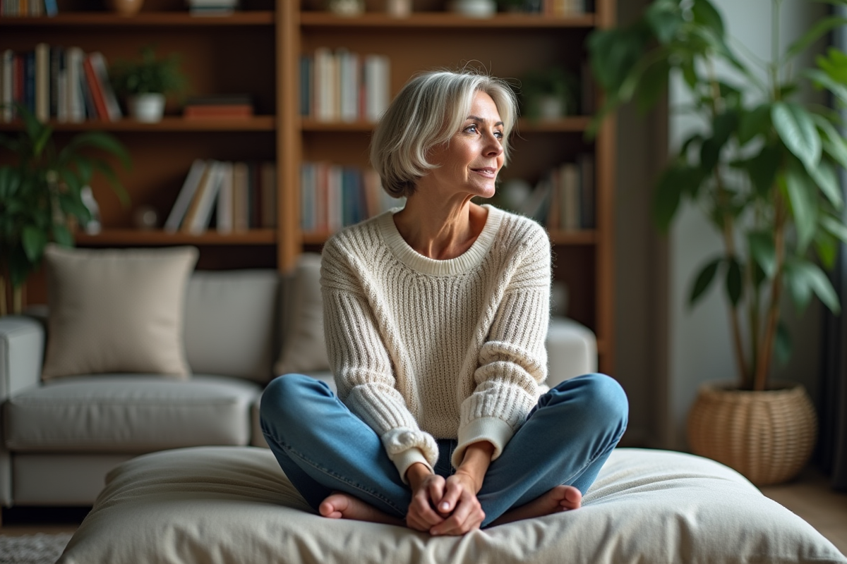 Femme contemplative dans un salon serein et cosy