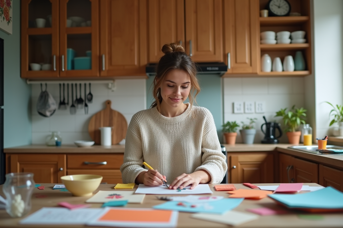 Jeune femme créant des decorations en papier dans la cuisine