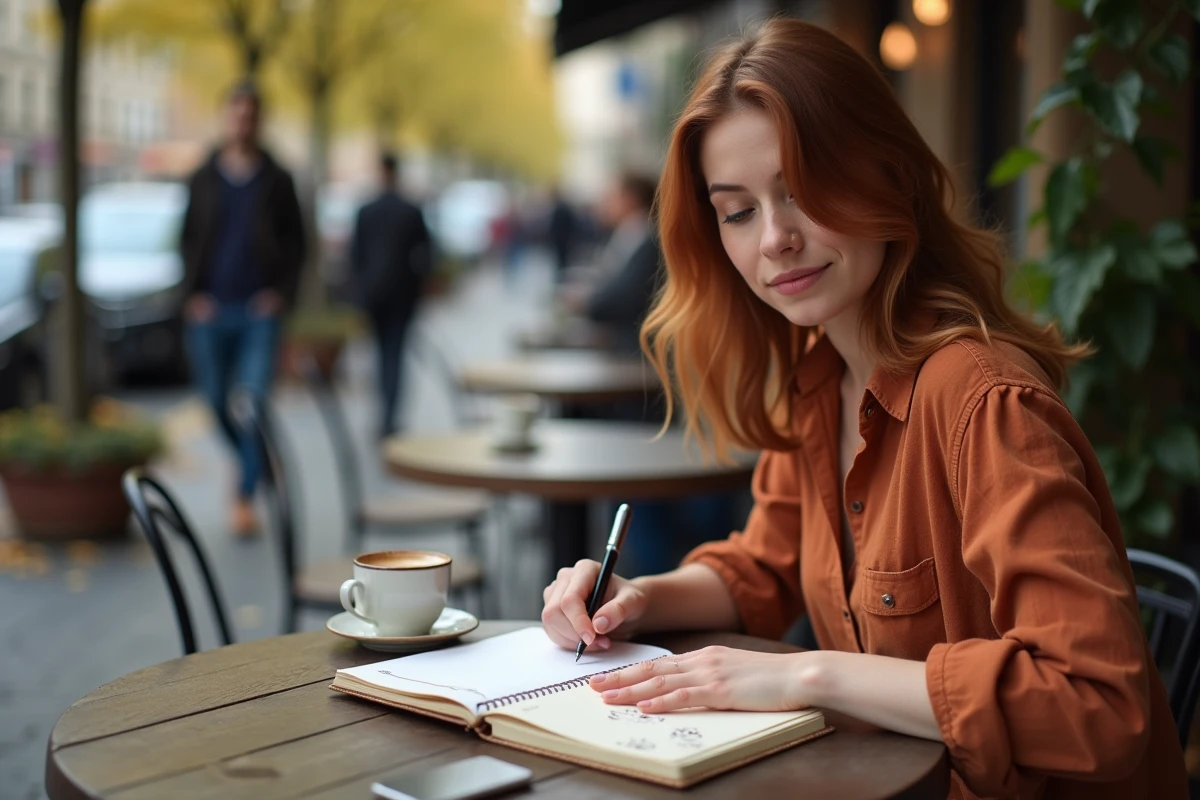 Femme dessinant Mew dans un carnet Moleskine en terrasse de café, entourée d'une atmosphère automnale urbaine