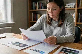 Femme consultant des documents imprimés pour préparer un dossier de litige en ligne à son bureau à domicile