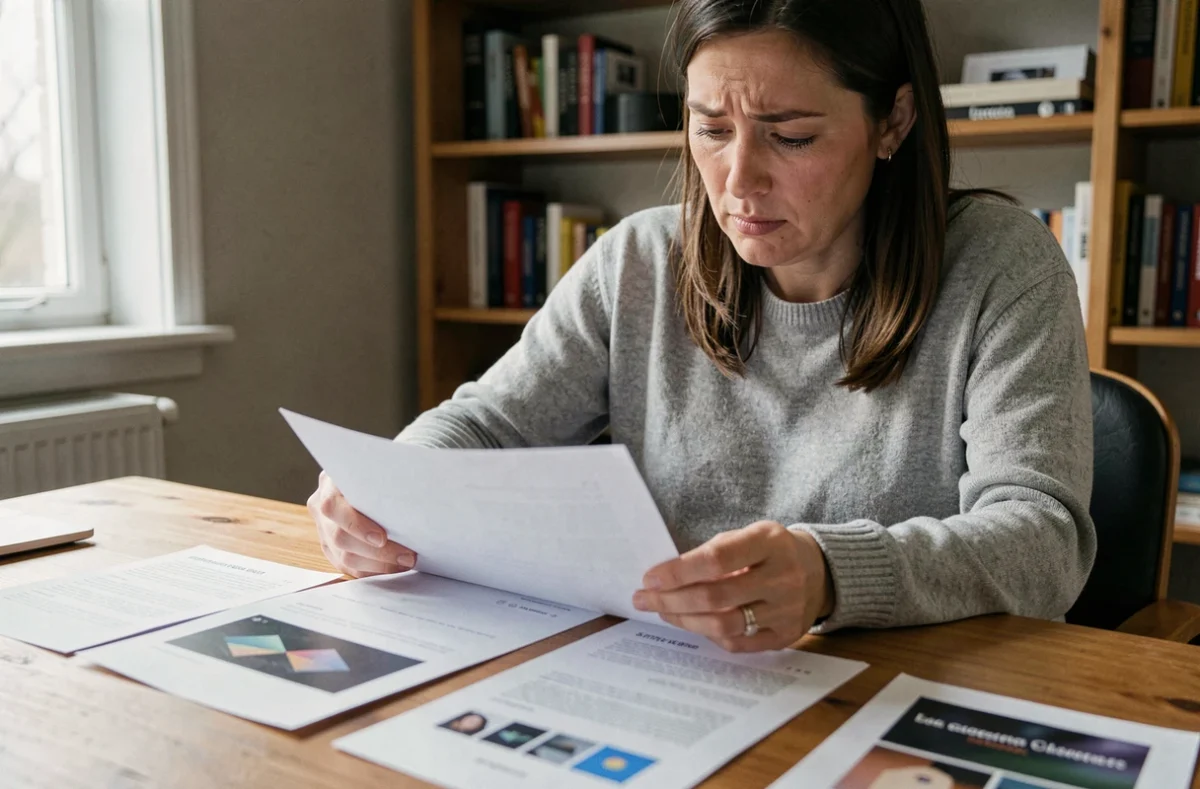 Femme consultant des documents imprimés pour préparer un dossier de litige en ligne à son bureau à domicile