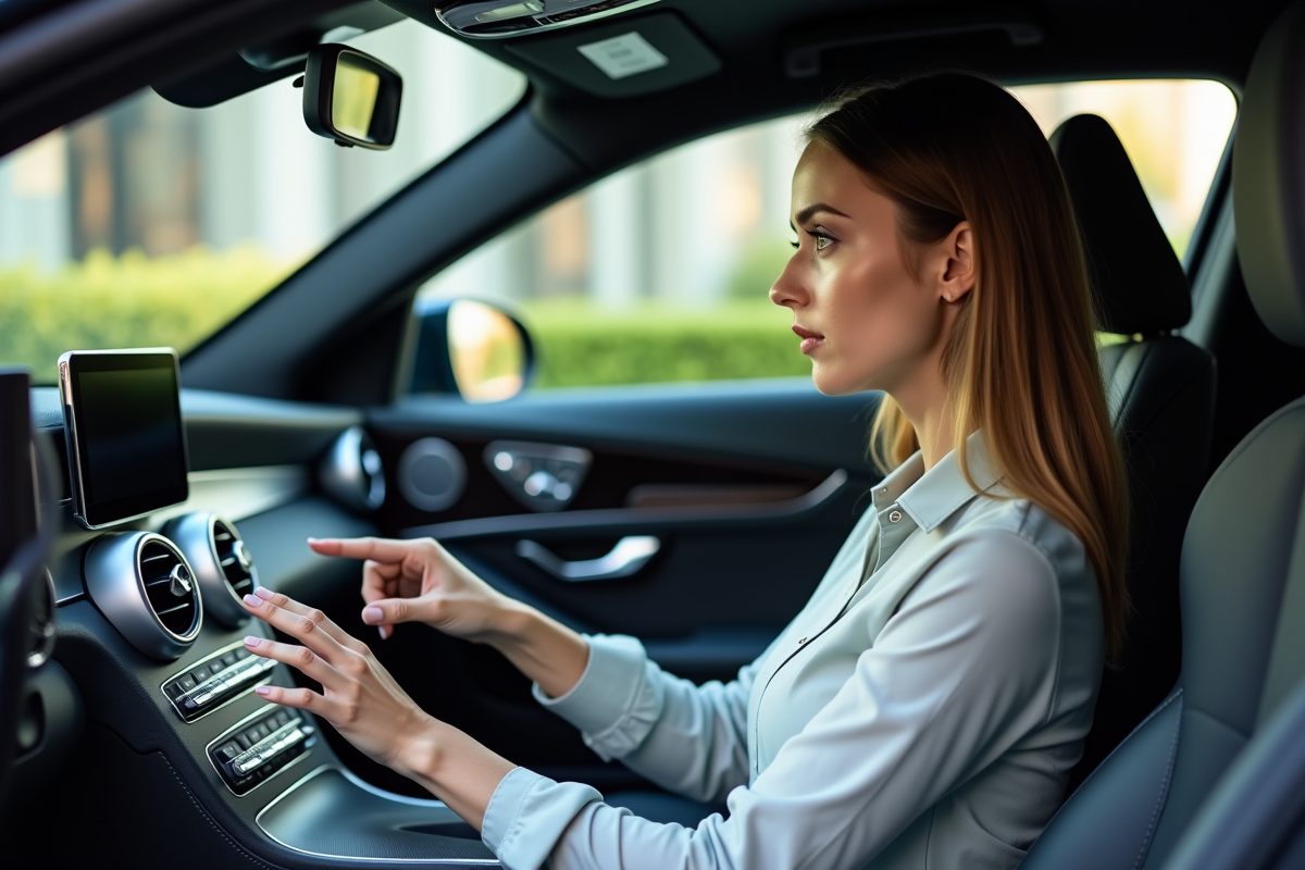 Jeune femme regardant le centre de la voiture avec curiosite