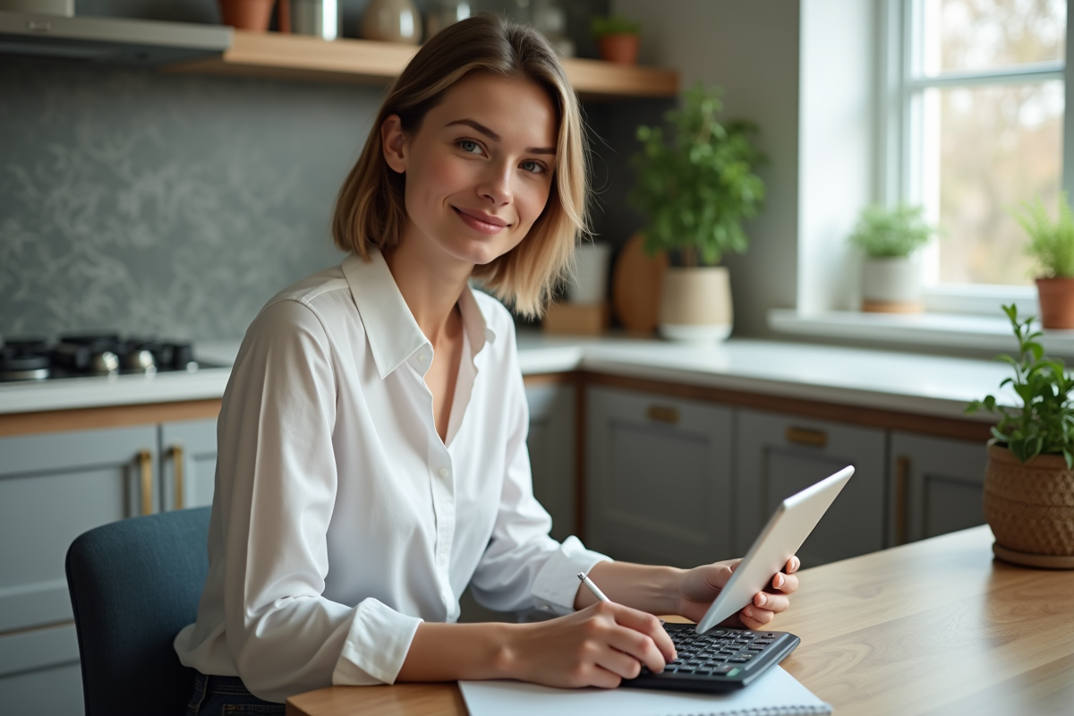 Jeune femme en cuisine utilisant une tablette