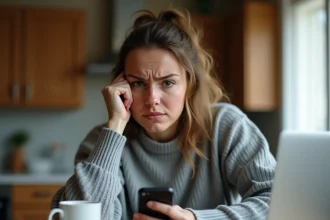Femme frustrée tentant d'annuler un achat sur Le Bon Coin depuis son smartphone à la maison