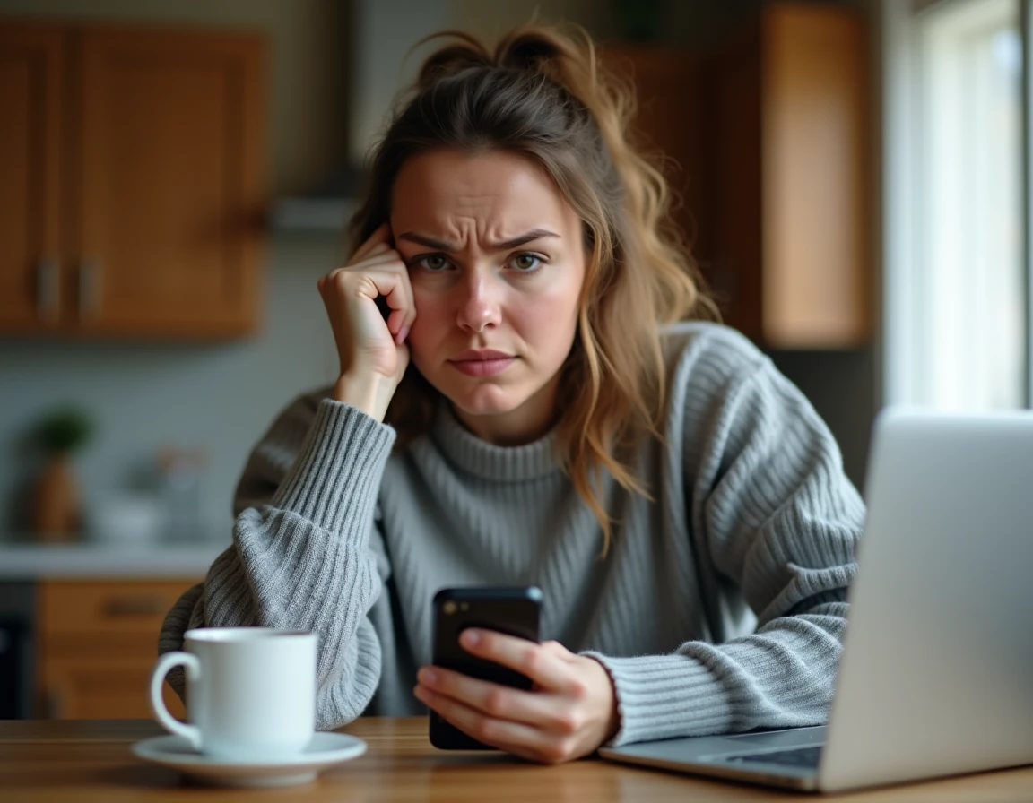 Femme frustrée tentant d'annuler un achat sur Le Bon Coin depuis son smartphone à la maison