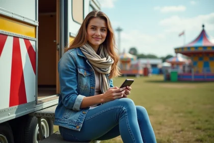 Femme souriante sur une étape de remorque lors d'un funfair