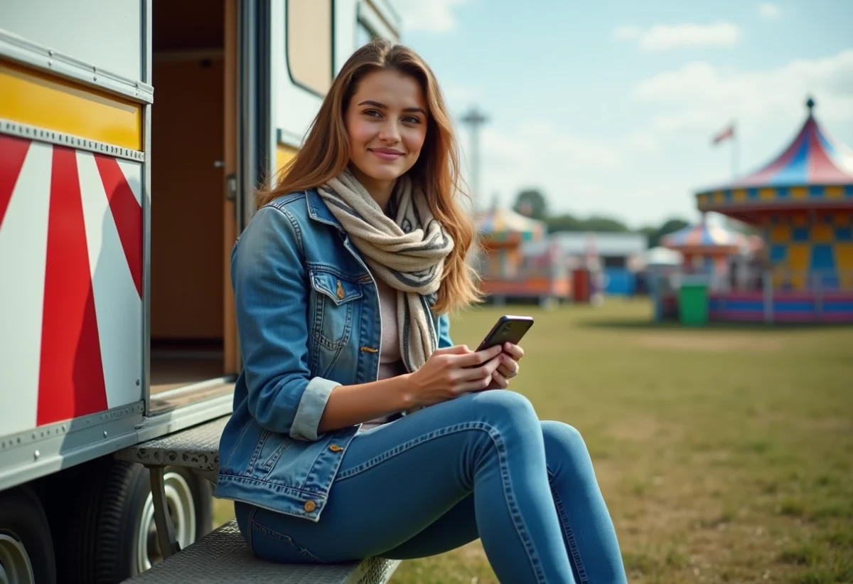 Femme souriante sur une étape de remorque lors d'un funfair