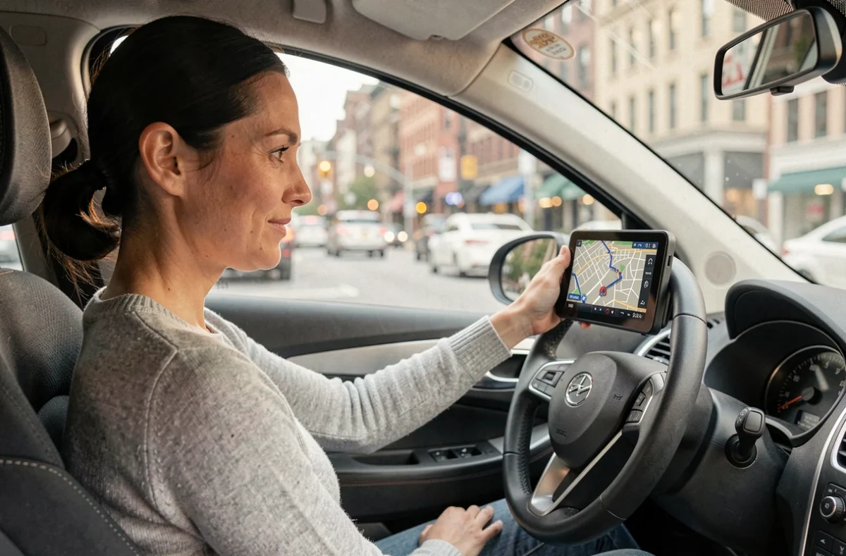 Femme utilisant un GPS de navigation dans sa voiture en ville