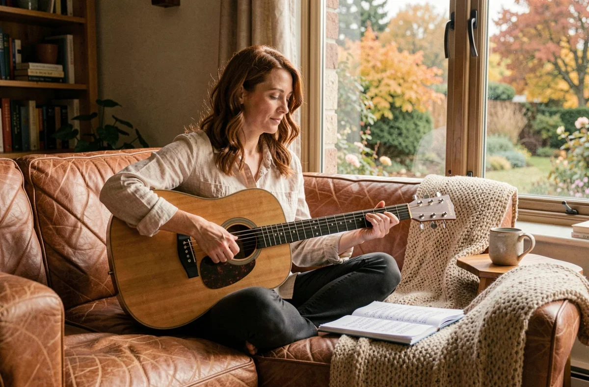 Femme adulte jouant de la guitare fingerstyle en lisant une partition imprimée sur un canapé en cuir près d'une fenêtre sur jardin en automne