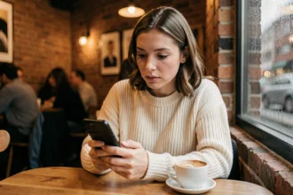 Femme songeuse regardant l'heure 19h19 sur son smartphone dans un café, illustrant la signification des heures miroirs en amour