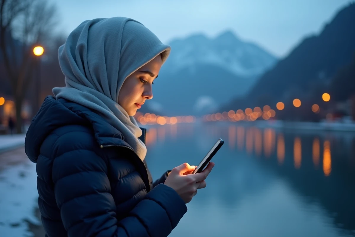 Jeune femme voilée consultant les heures de prière sur son téléphone au bord de l'Isère à Grenoble