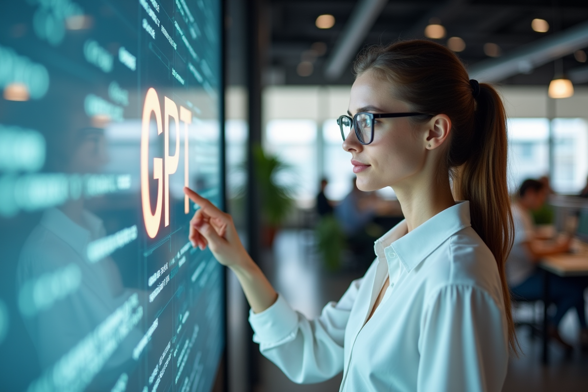 Jeune femme utilise un écran interactif avec GPT dans un espace moderne