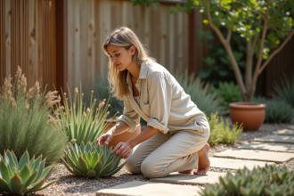 Femme inspectant des succulentes résistantes en jardin ensoleille