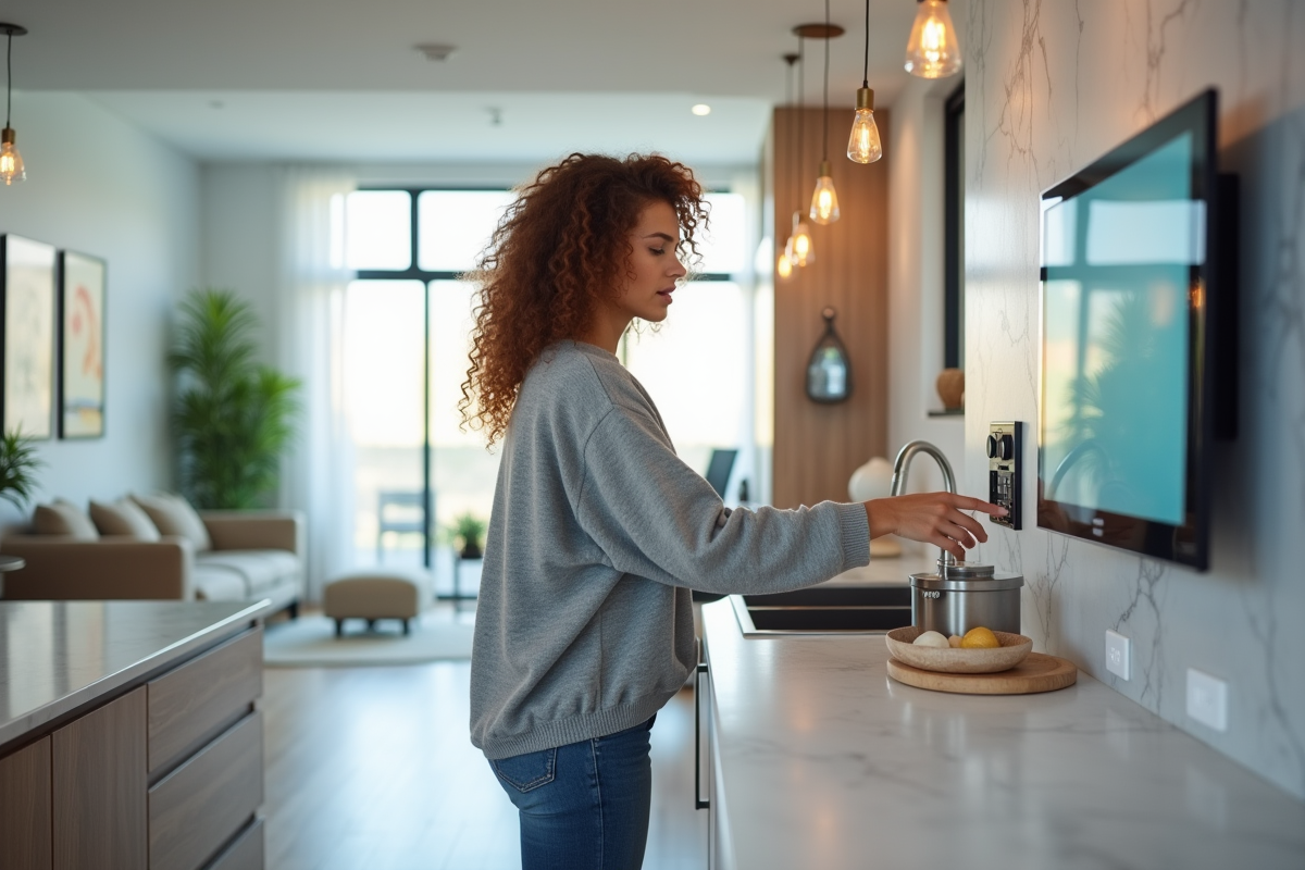 Jeune femme dans la cuisine moderne utilisant un panneau tactile connecté