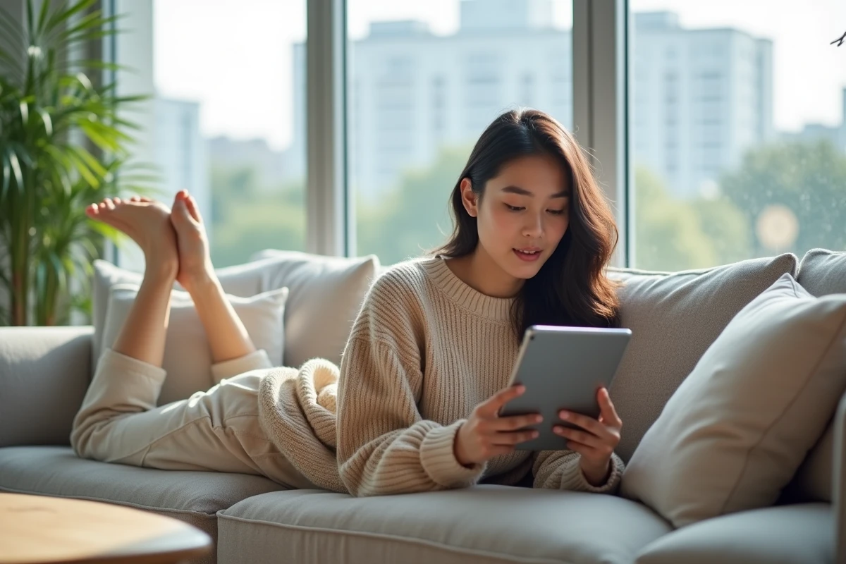 Jeune femme lisant un scan de manga sur tablette allongée dans un salon minimaliste lumineux