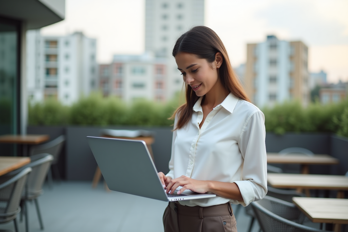 Jeune femme manager sur terrasse urbaine analysant des graphiques
