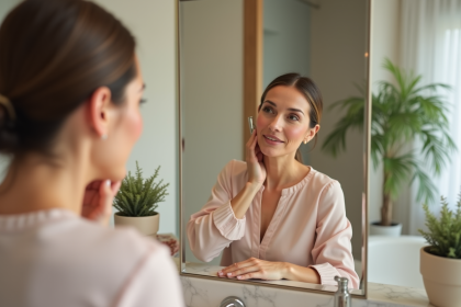 Femme appliquant un blush rose dans sa salle de bain