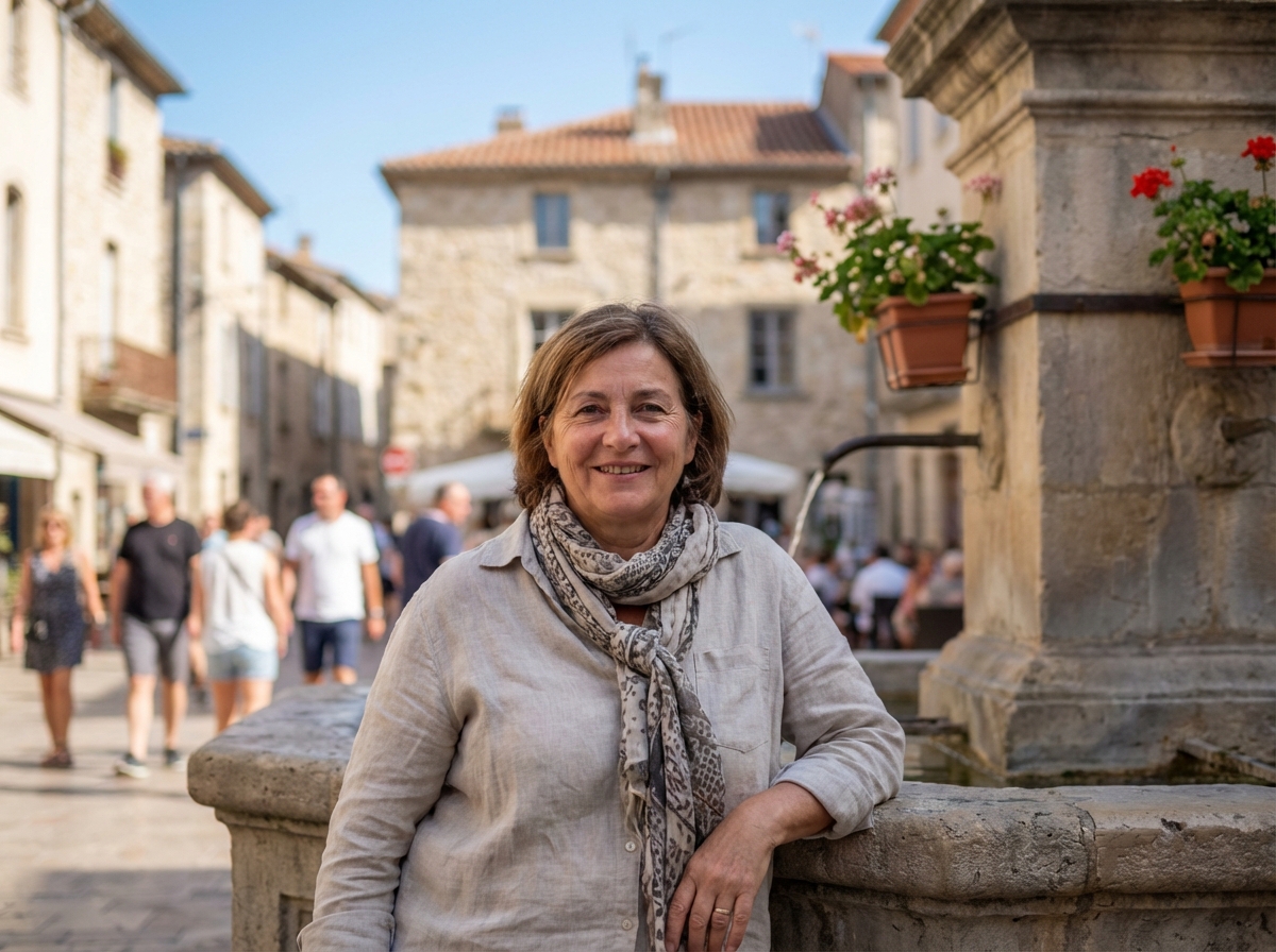 Femme méditerranéenne souriante devant une fontaine à Béziers