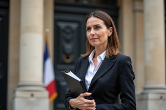 Femme méditerranéenne confiante devant un bâtiment officiel français