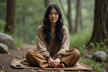Femme m&eacute;ditative en pleine nature avec bijoux artisanaux