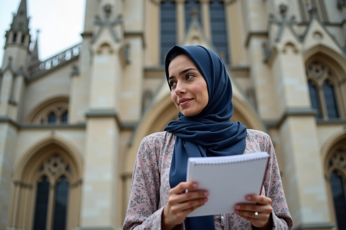 Femme en hijab consultant un planning mensuel devant la cathédrale de Reims pour organiser ses prières