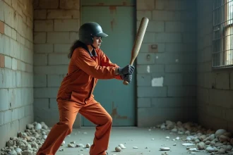 Femme en combinaison de protection frappant de la vaisselle dans une rage room à Lyon, entourée de débris sur sol béton
