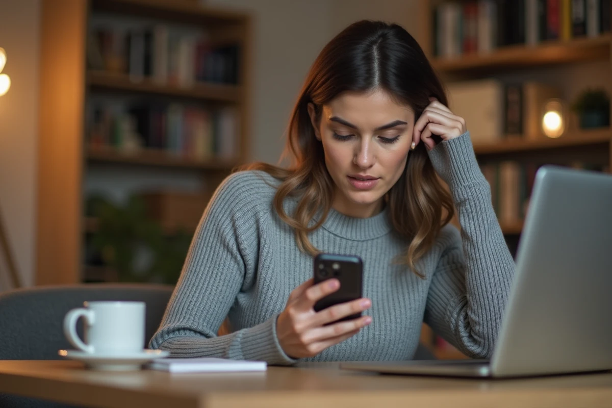 Femme consultant un service de recherche inversée de numéro de téléphone sur son smartphone depuis un bureau à domicile