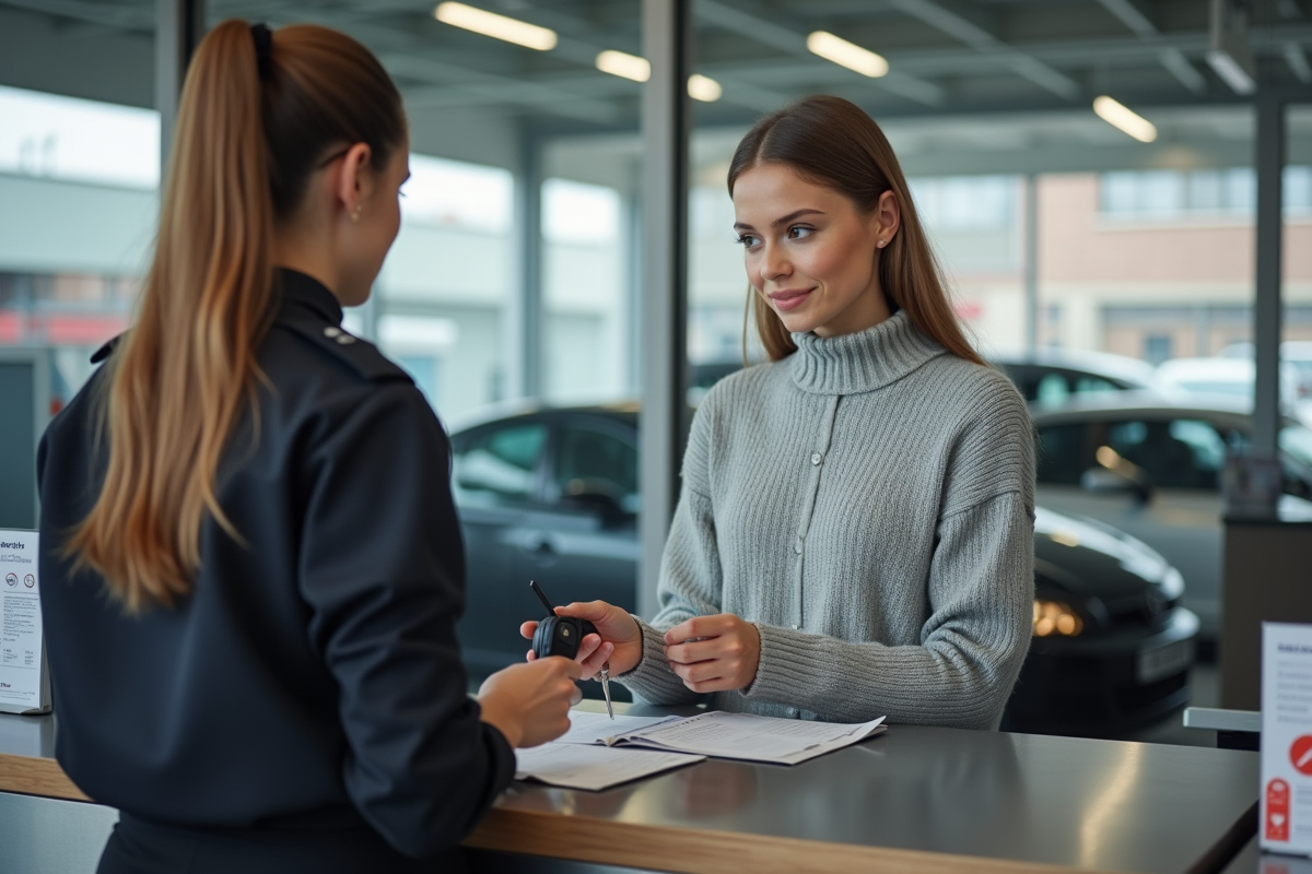 Jeune femme remettant des clés à un agent dans un centre de recyclage automobile