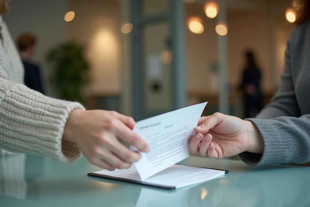 Jeune femme remettant un document signé au guichet bancaire