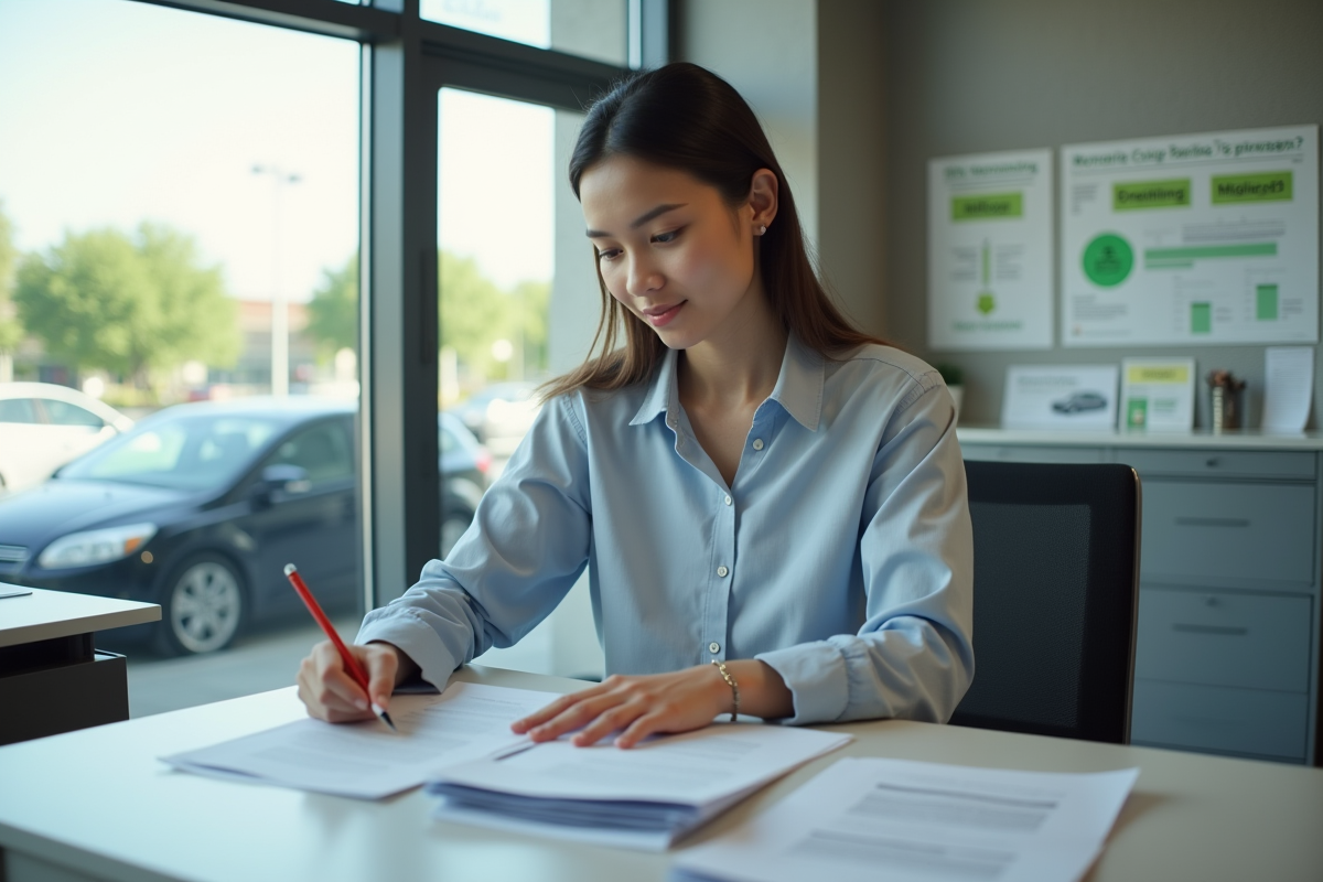 Jeune femme remplissant un formulaire dans un bureau administratif écologique