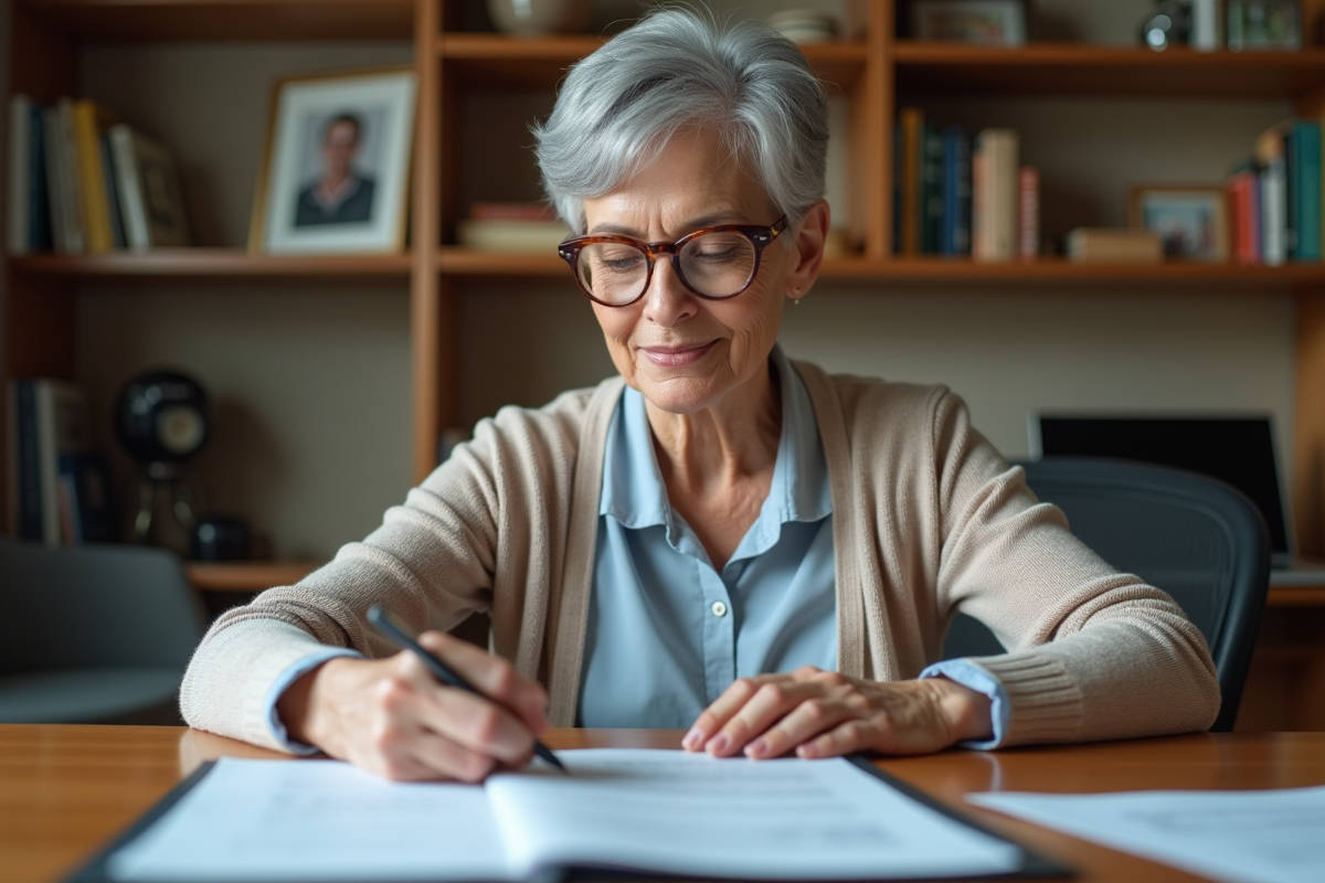 Femme d'environ 60 ans remplissant des papiers de retraite
