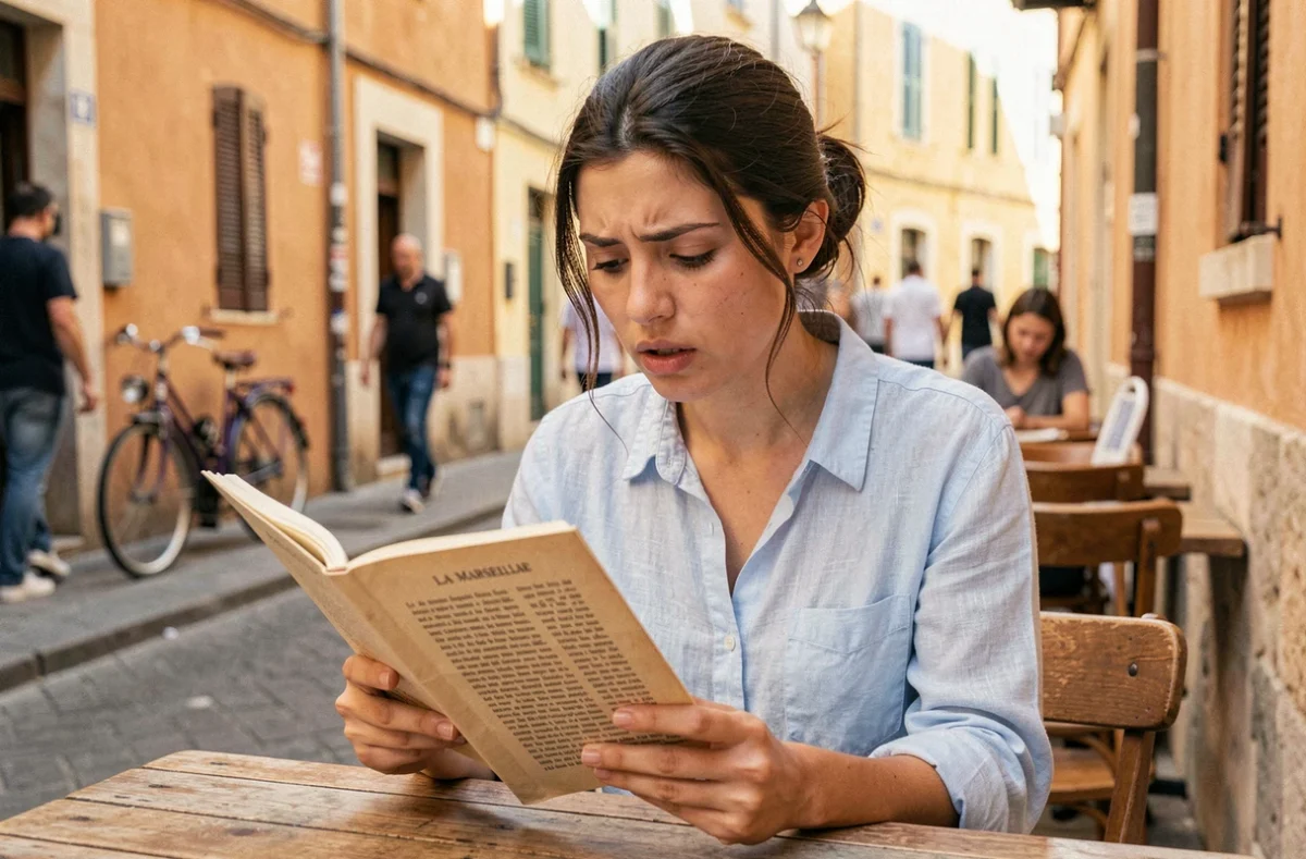 Jeune femme révisant les couplets de La Marseillaise dans un café de rue à Marseille