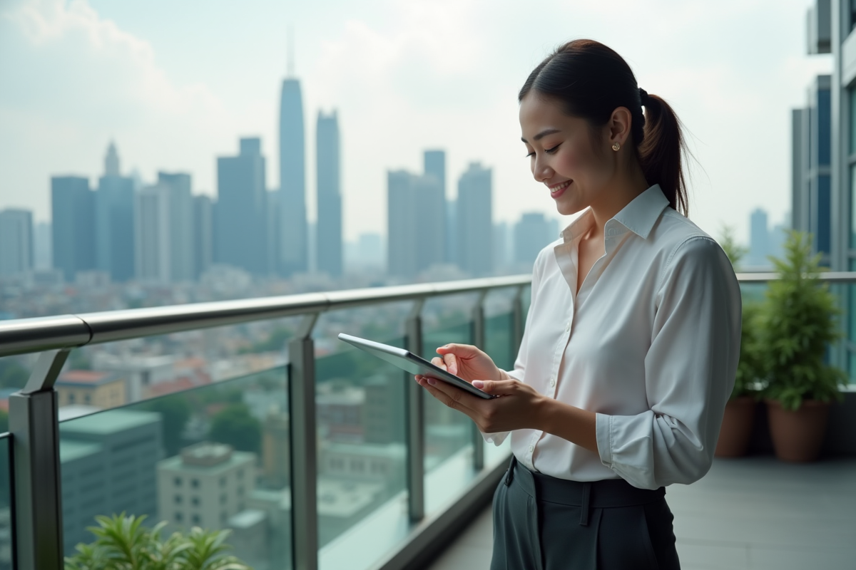 Jeune femme consulte un tableau de bord financier en extérieur