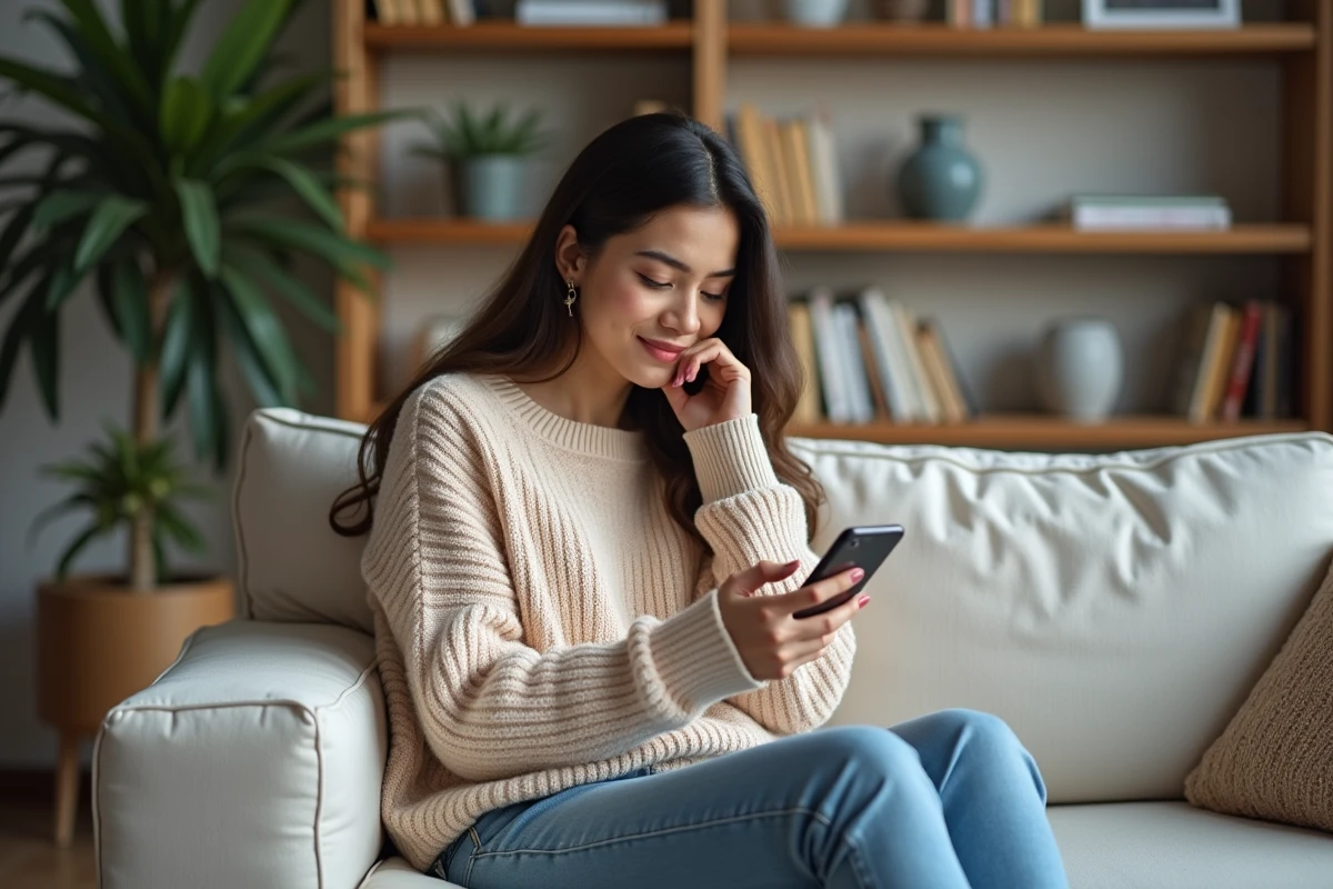 Femme assise sur un canapé dans un salon moderne et cosy