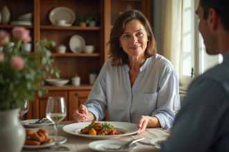 Femme d'âge moyen servant un plat principal à table