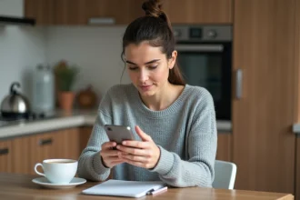 Femme assise à la cuisine utilisant son smartphone