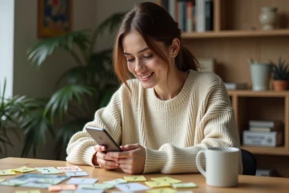 Jeune femme découvrant la signification du terme Waslerdoskuwa sur son smartphone dans un bureau à domicile moderne