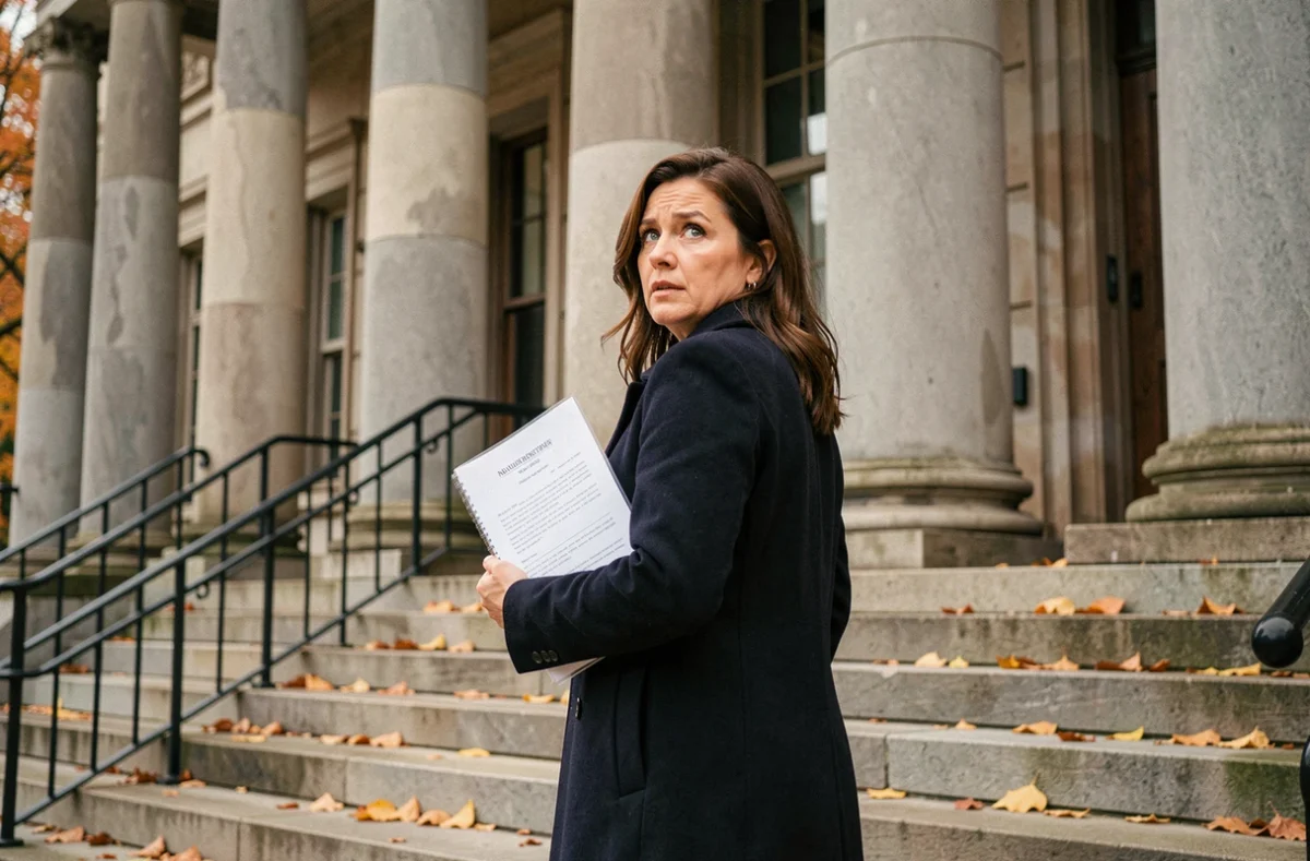 Femme sortant d'un palais de justice tenant des documents légaux, regard ambigu sur les marches en pierre à l'automne, illustration de la fin controversée de Juré n°2