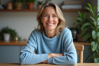 Femme souriante en pull bleu doux et fin tissu