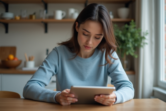 Femme utilisant une tablette dans une cuisine chaleureuse