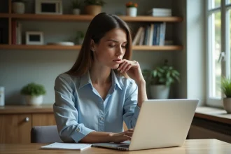 Femme concentrée travaillant sur son ordinateur à la maison