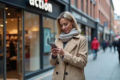Femme d'&acirc;ge moyen devant un magasin Action en ville