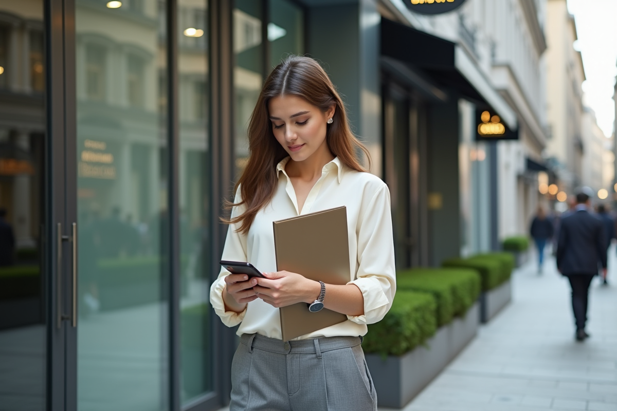 Jeune femme dans une rue urbaine vérifiant son téléphone