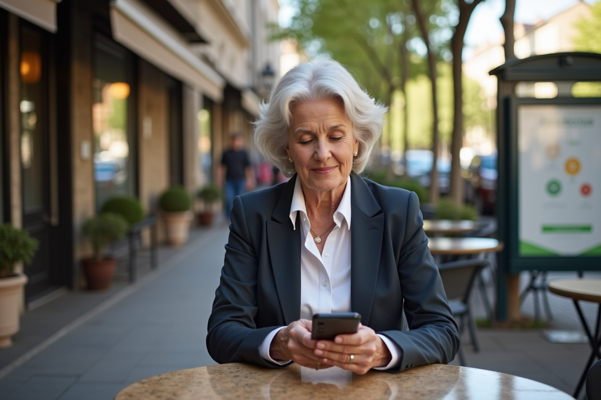 Femme d age mûr utilisant son smartphone pour payer en extérieur