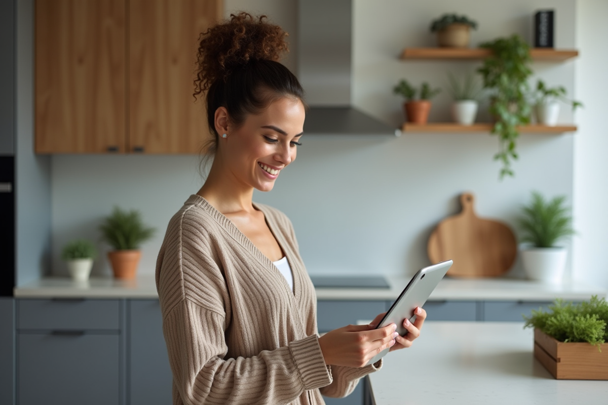 Jeune femme souriante utilisant une tablette dans une cuisine contemporaine