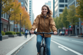 Femme en vélo électrique dans une ville moderne