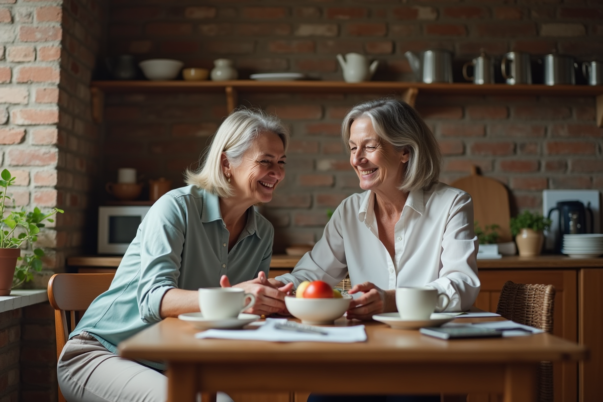 Deux femmes discutant à la table de cuisine authentique