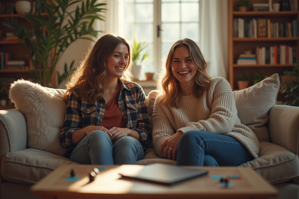 Deux femmes jouant à un jeu de société dans un salon lumineux